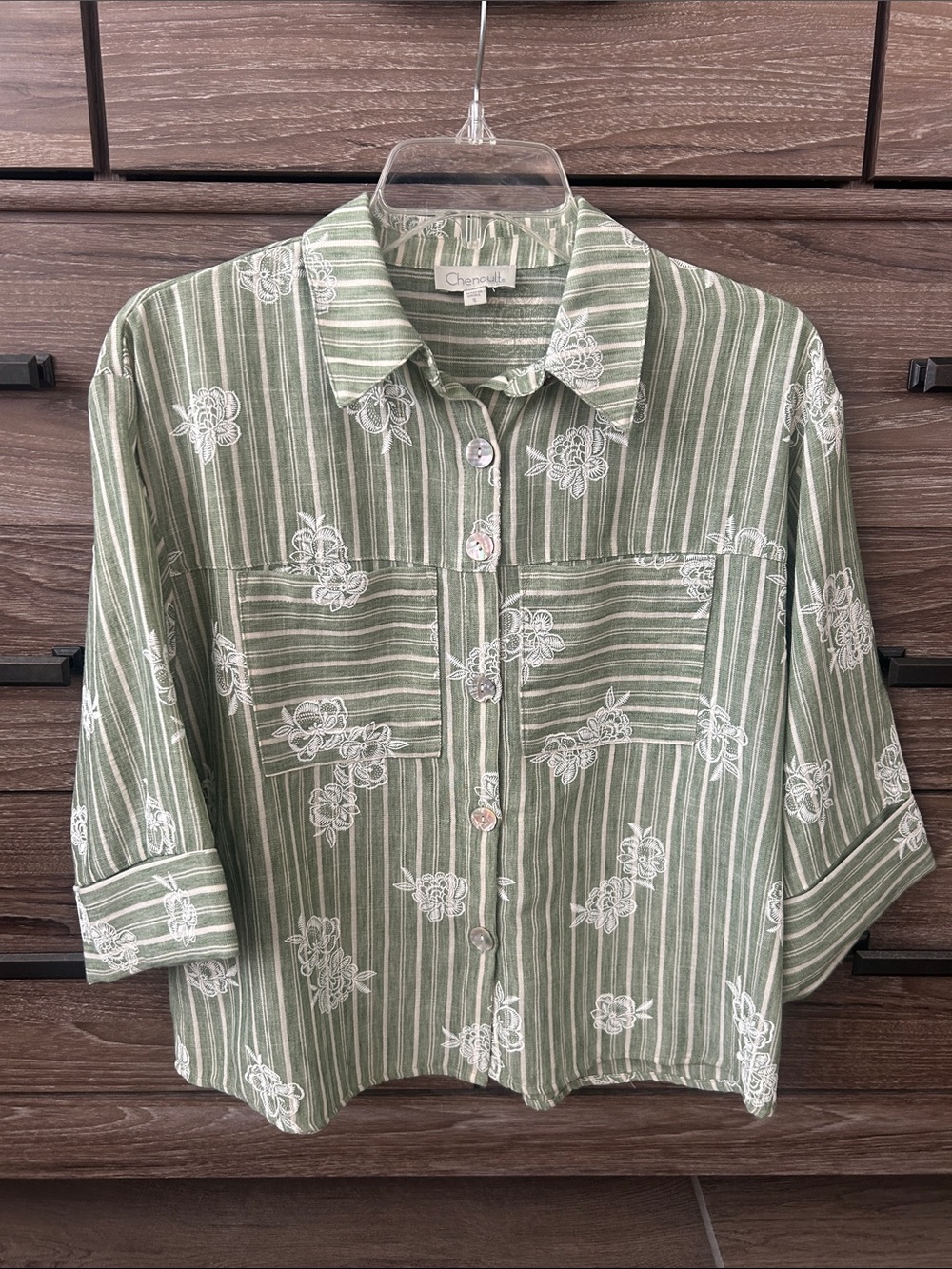 Chenault Olive Green Striped Floral Button-Front Shirt
